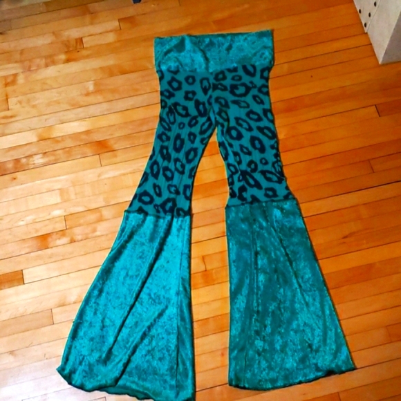 Leopard Print Velour Turquoise/Emerald Festival Dance Burning Man Rave Pants - Picture 5 of 9